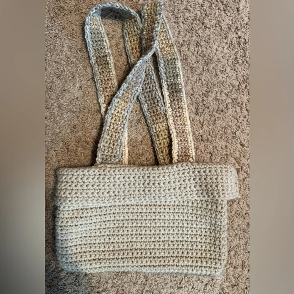 Vintage Hand Knit Crocheted Purse Mini Shoulder Strap Tote Bag Brown Tan Fall